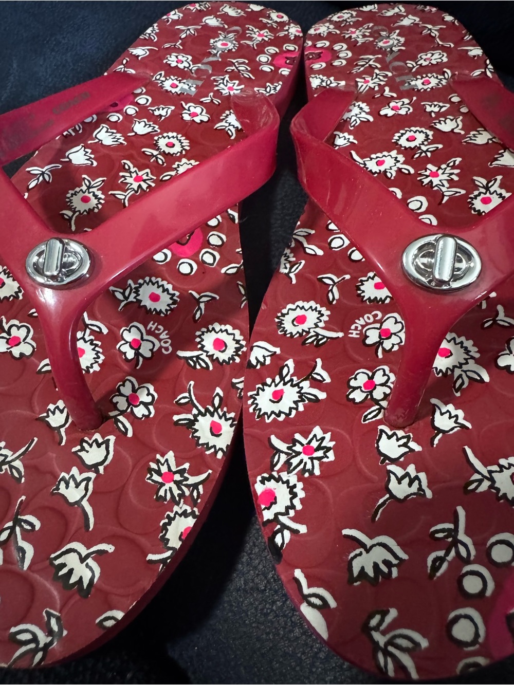 Coach Women's Red Floral Flip Flop Sandals - Picture 5 of 5